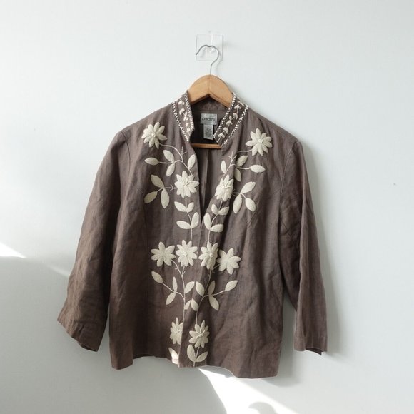 Chicos Jacket Size 1 Linen Blazer Floral Embroidered Casual Medium Boho Brown - Picture 1 of 8